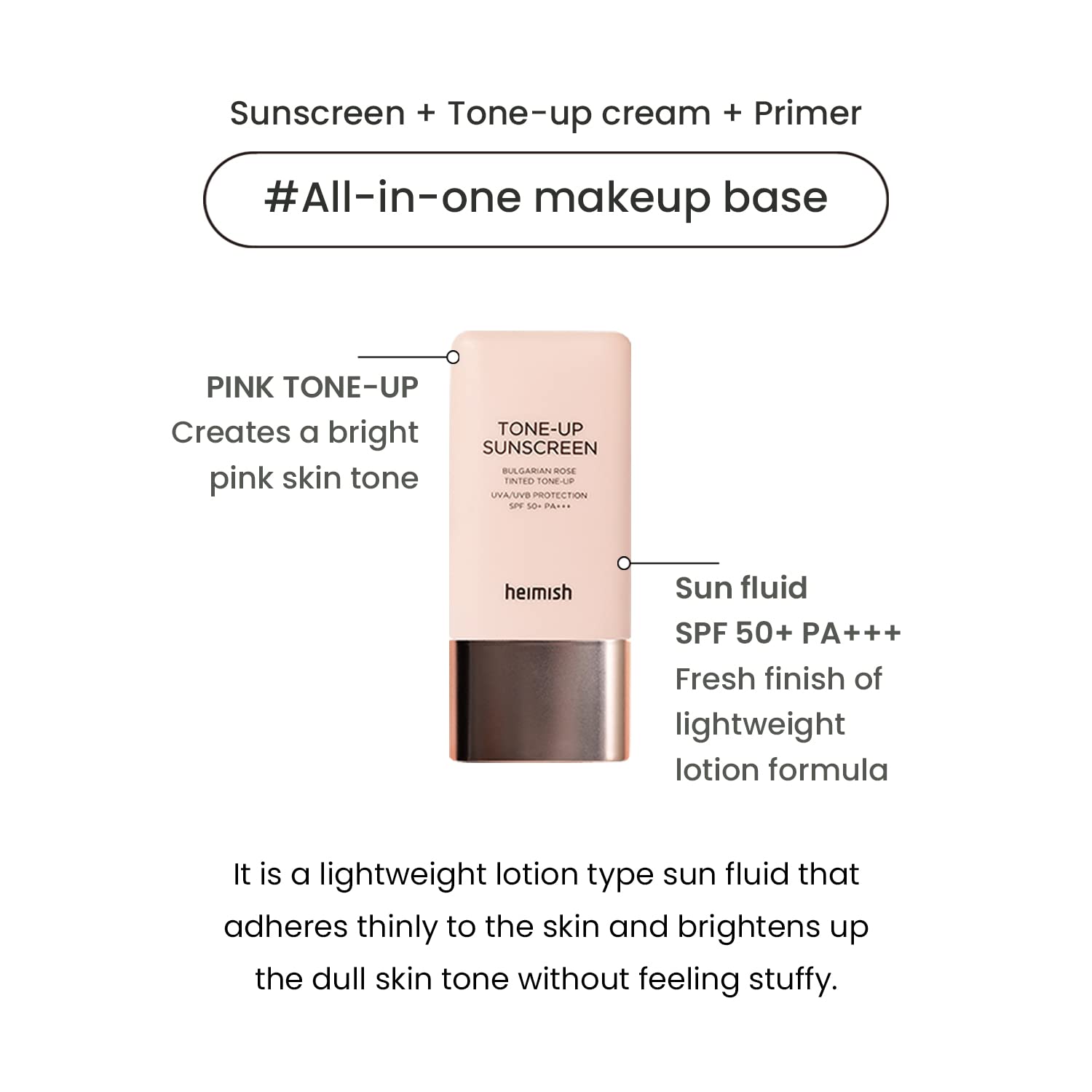 HEIMISH Bulgarian Rose Tinted Tone-up Sunscreen - SPF 50+ PA+++, Multipurpose Tone Up Sunscreen, Primer, Makeup Base for face, Lightweight, Non-greasy, Hydrating, Natural Pink Finish, 1.0fl.oz/30ml