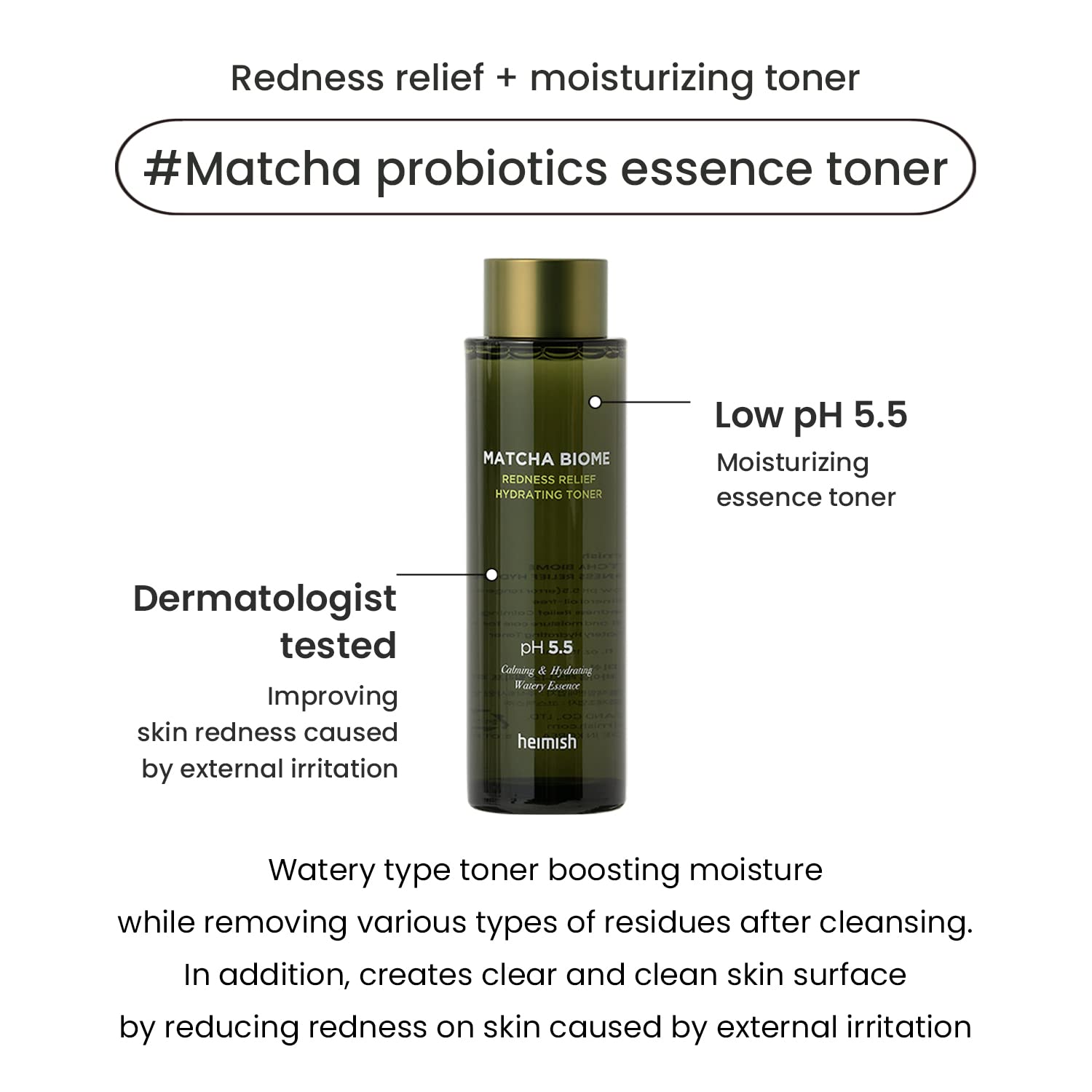 HEIMISH Matcha Biome Redness Relief Hydrating Toner - Calming & Soothing, Moisturizing, Skin Balancing Face Toner with Matcha, Probiotics, for Sensitive Skin, pH 5.5, Trouble Care, 5.1fl.oz/150ml