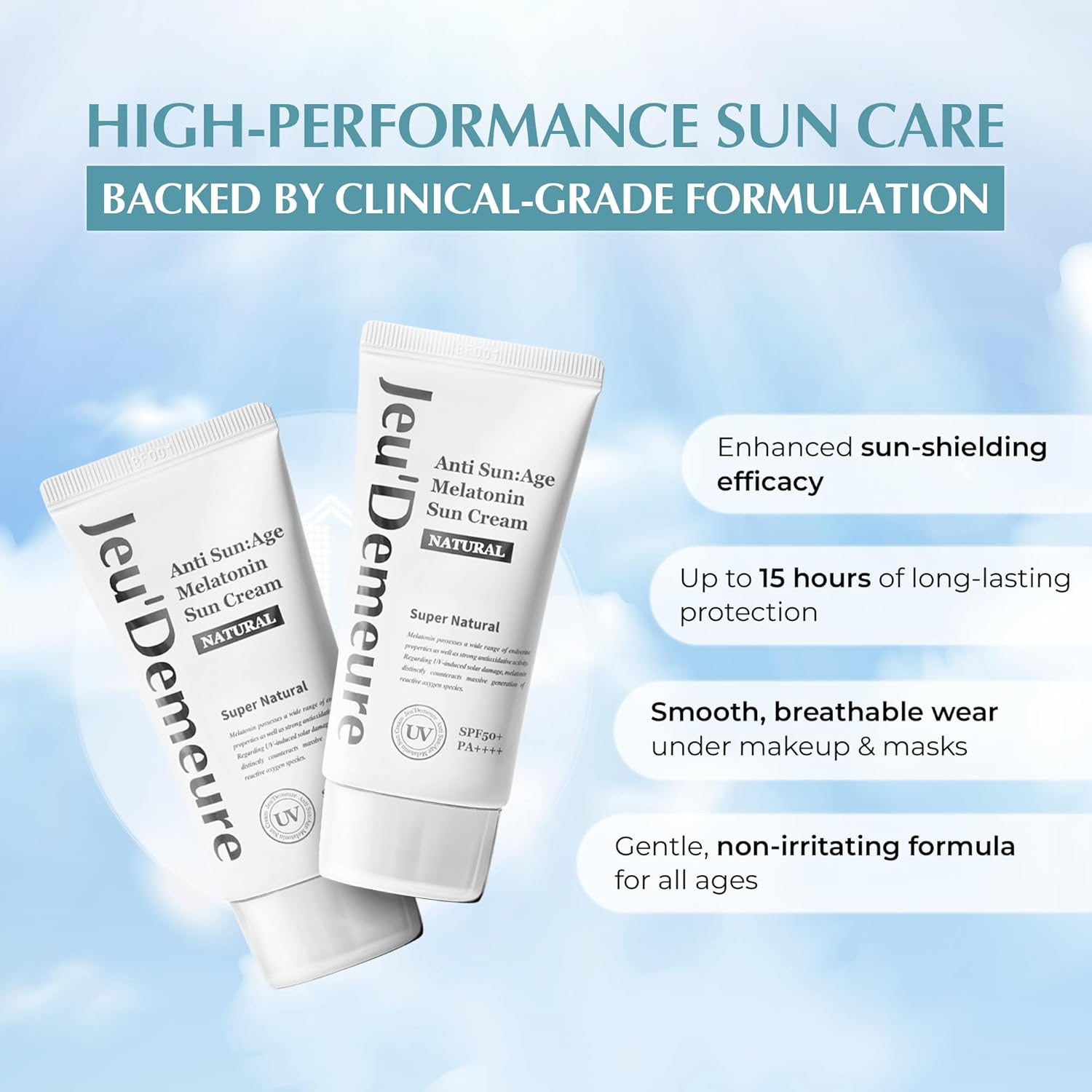 JEU'DEMEURE Anti-Aging SPF 50 Face Moisturizing Sunscreen Lotion with Broad Spectrum, Melatonin, Lightweight, Non-Sticky, Sun Essence for Sensitive Skin, 1.69 fl oz